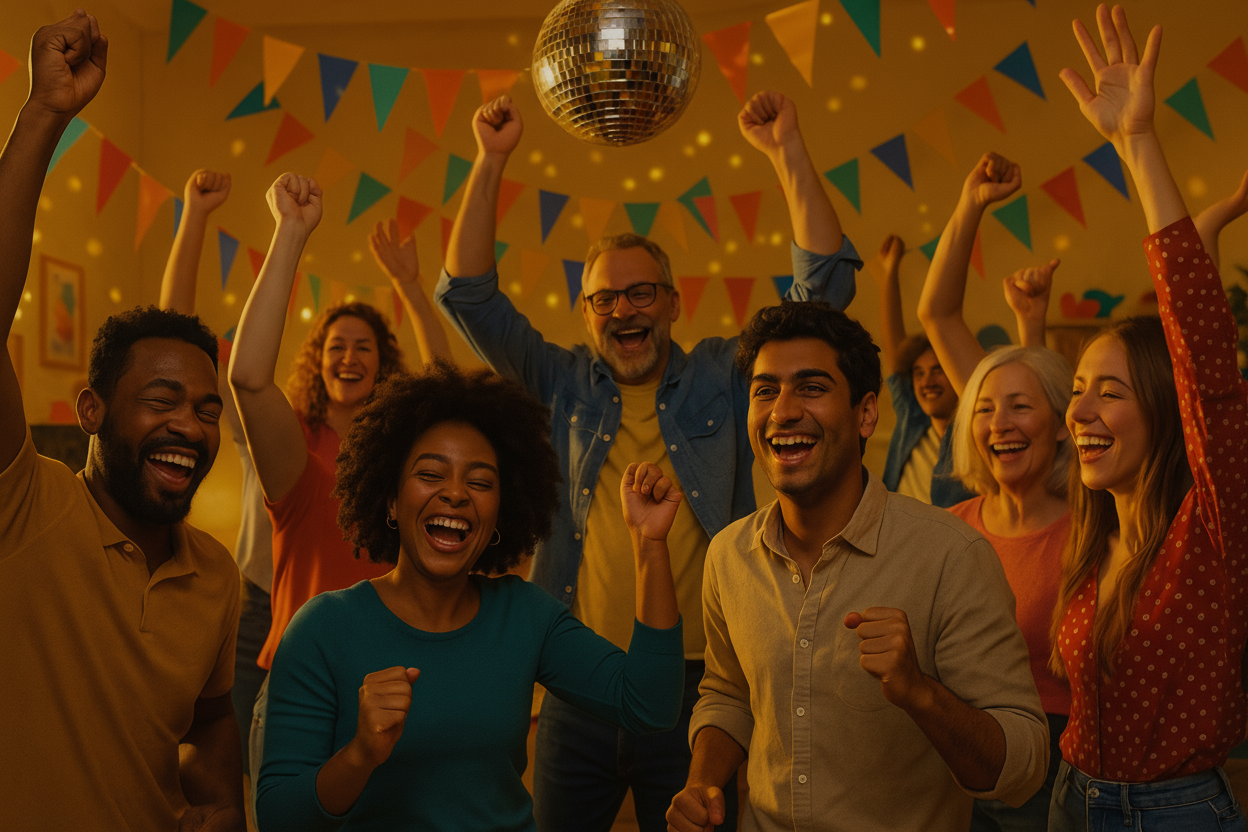 a group of people enjoying music together in a very happy environment at a party, don't make the picture to dark