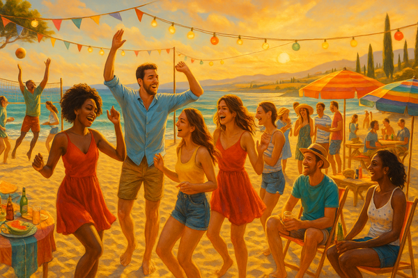 a group of people having a party at the beach of toscana