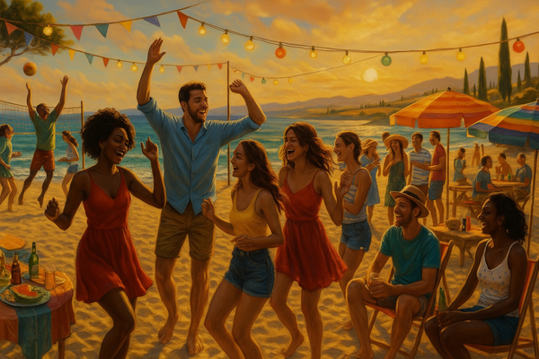 a group of people having a party at the beach of toscana