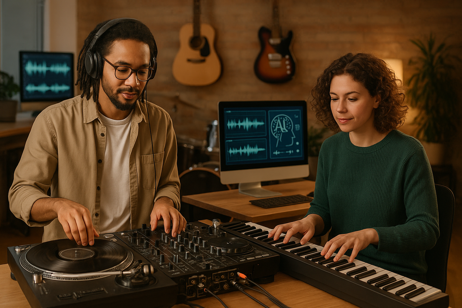 a picture representing "about us", showing two imaginary people working on turntables and with instruments as well as indicating use of computers and AI