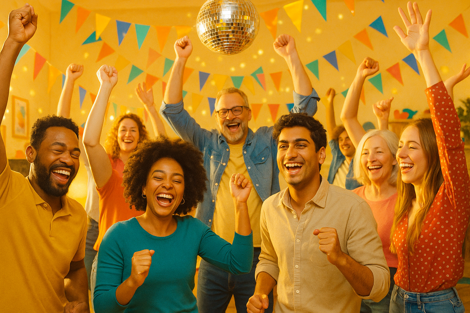 a group of people enjoying music together in a very happy environment at a party, don't make the picture to dark